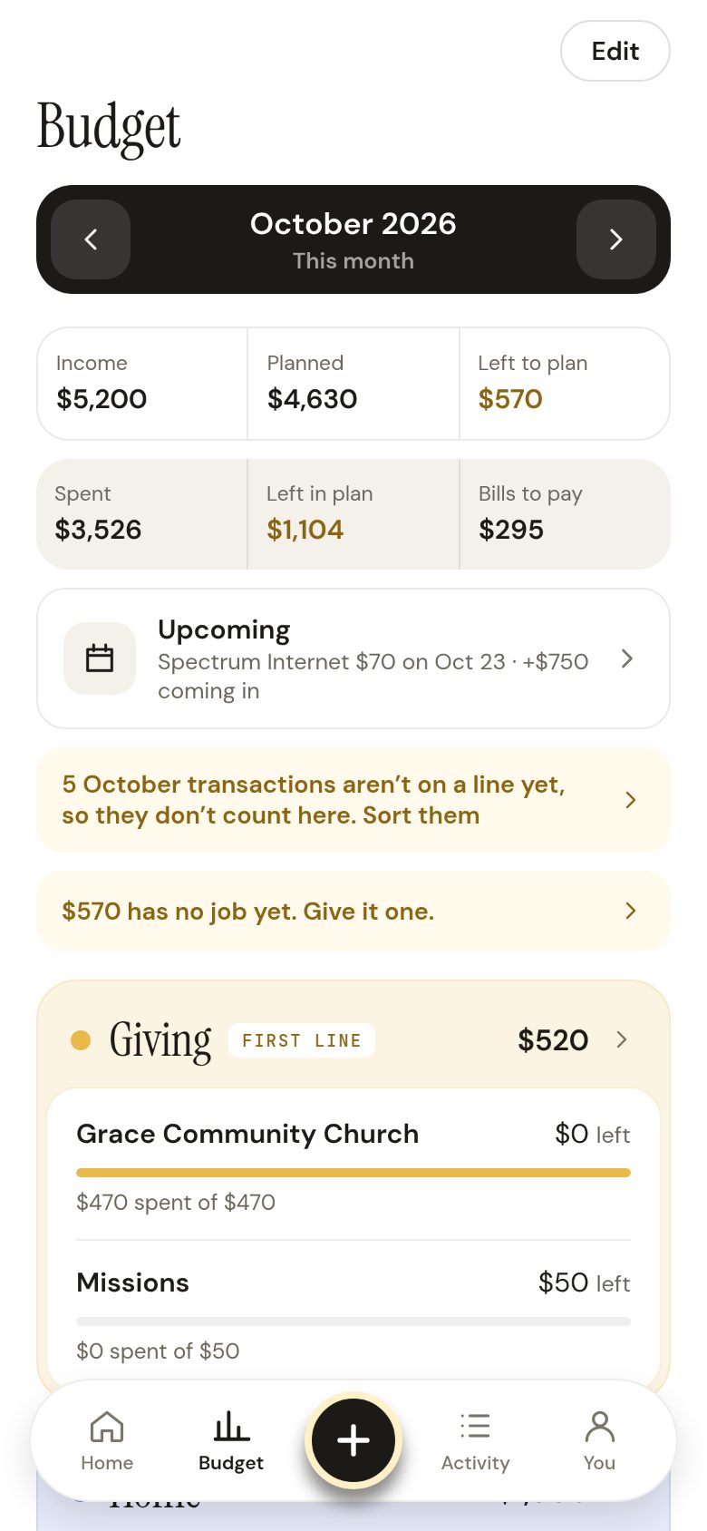 Manna’s Budget screen: giving is the first line, then the household