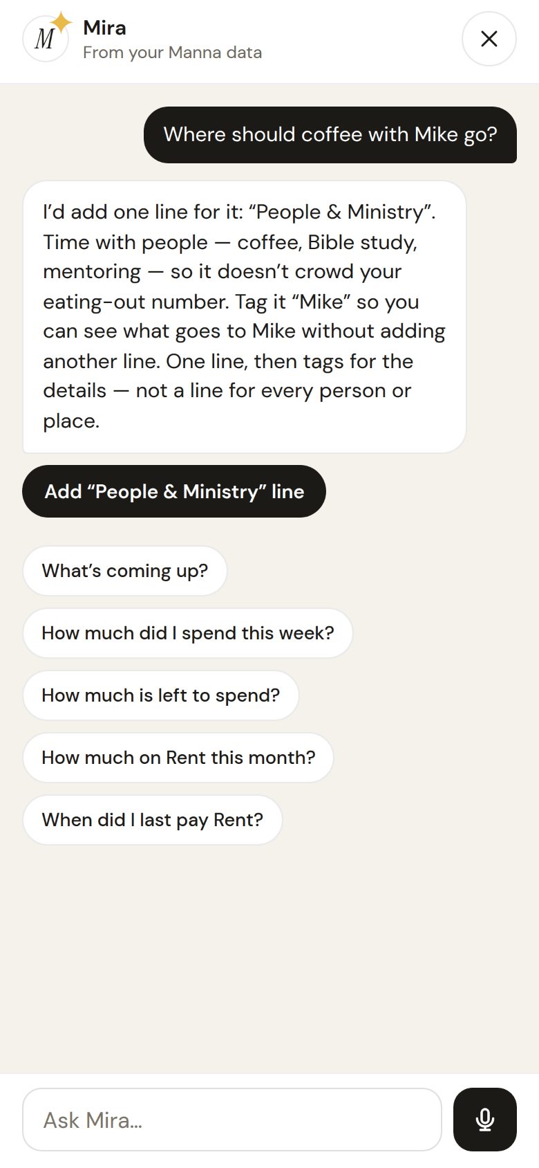 Mira answering “Where should coffee with Mike go?” with a People & Ministry line and a tag